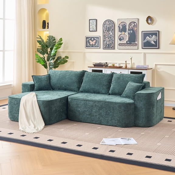 JIE LISHUN Boneless L Shaped Sectional Sofa for Living Room, 104"  Chenille Cloud Modular Couch with Chaise, No Assembly Needed,Green