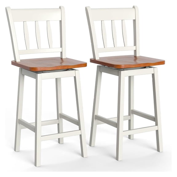 Alieon Bar Stools Set of 2, 24.5 Inch Rubber Wood Bar Chairs with 360°Swiveling, Footrest, Swivel Counter Height Barstools Ideal for Kitchen Island, Counter, Pub or Bar (2, White)