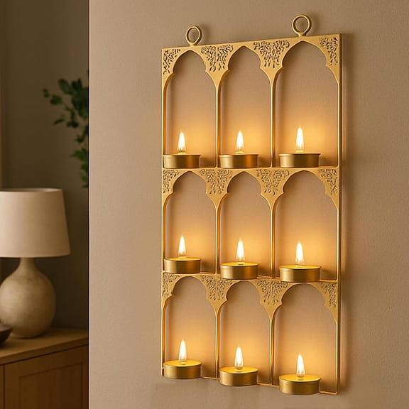 D. GLORE- Wall Hanging Golden Metal Tealight Holder For Diwali | Decor | Event | Pooja | Christmas | Home Decoration | 9 T-light Holders | Size: 18x12" Inchs