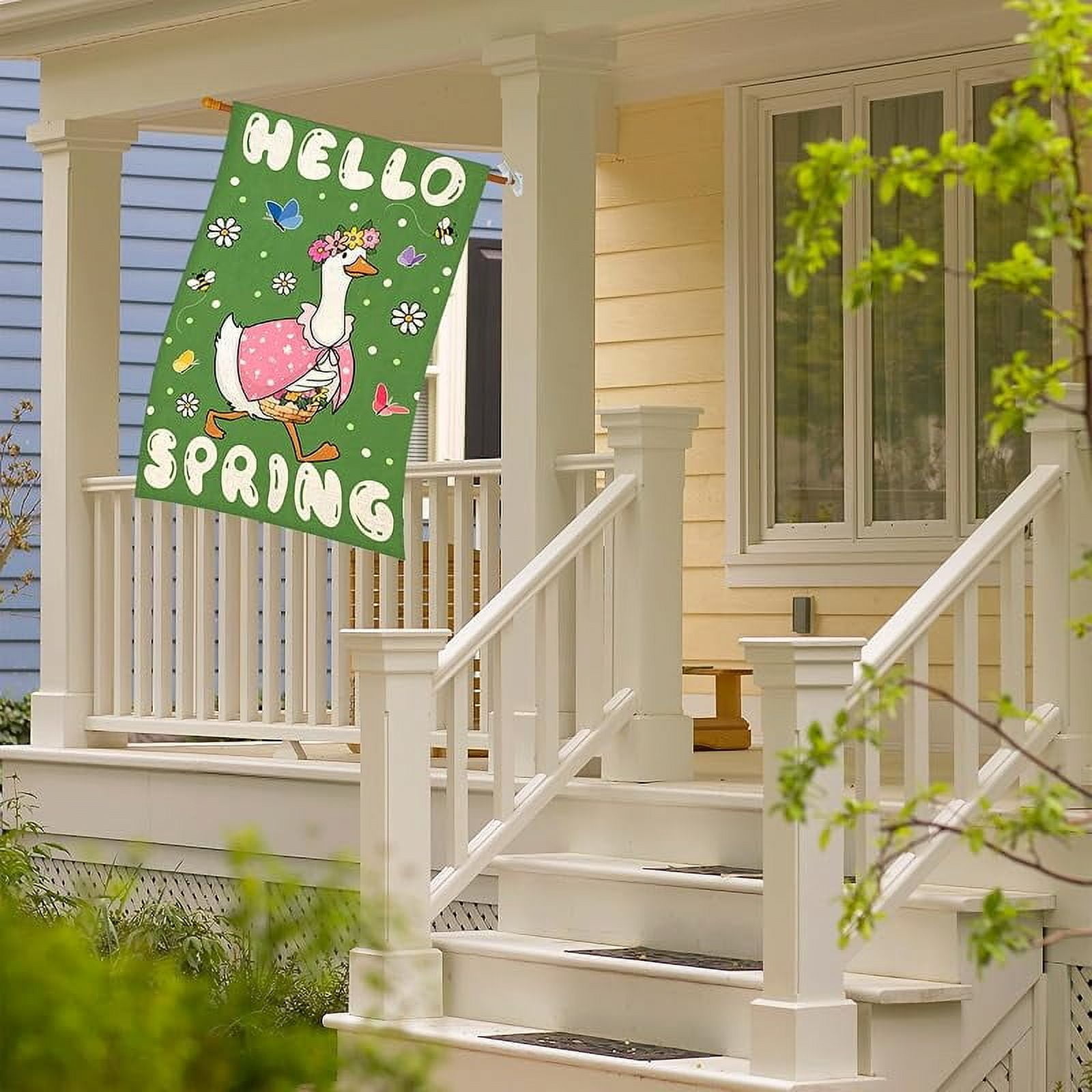 Hello Spring House Flags for Outdoor Decoration, Funny Goose with Flowers Large Yard Flag,Seasonal Decorative Decor for Holiday Summer Outside 28x40 Inch Vertical Double Sided