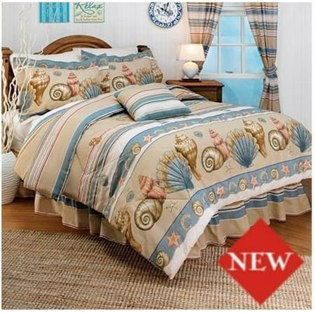 Coral Seashell Beach House Themed Full Comforter Shams Bed Skirt 4 Piece Bedding