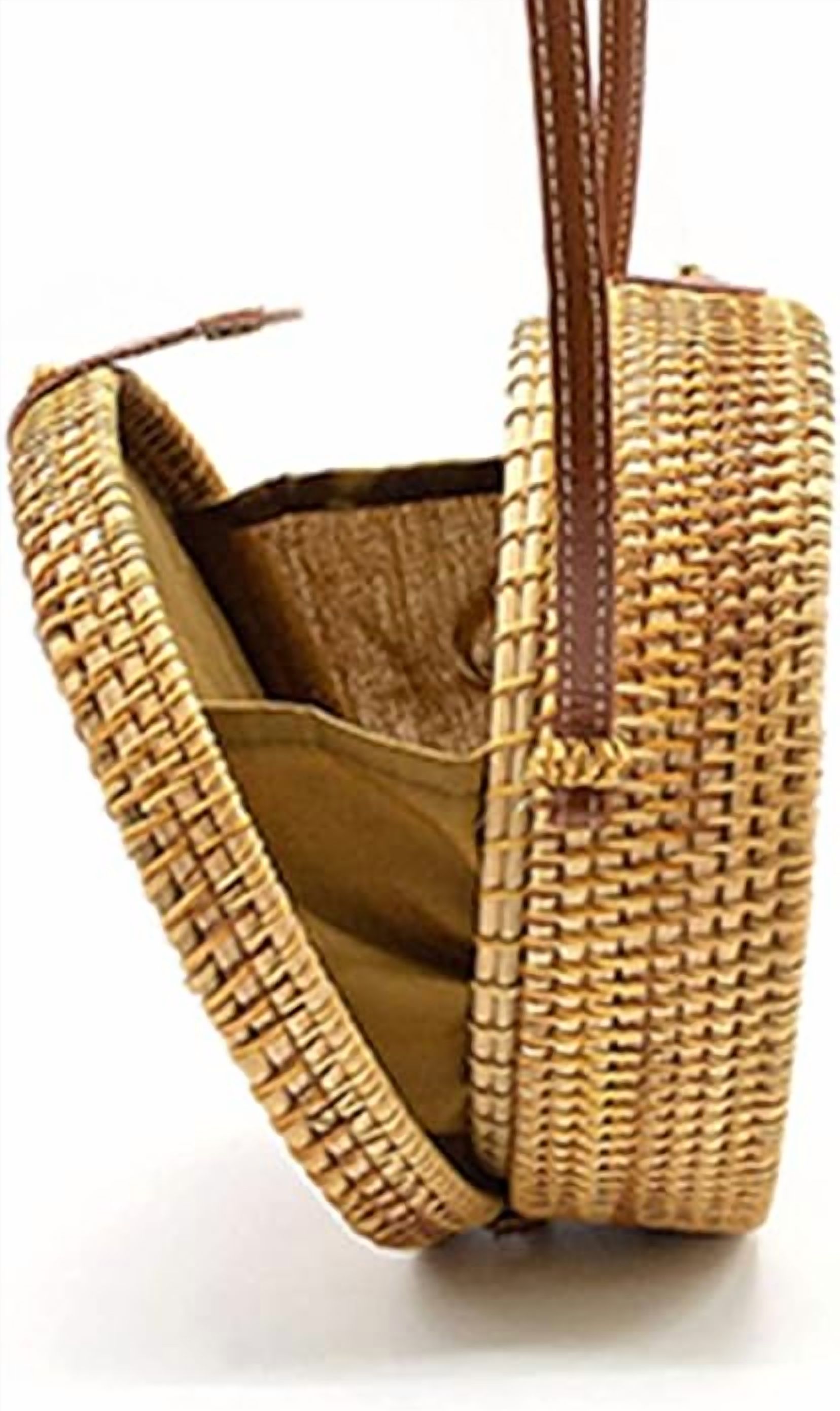 Handwoven Rattan Bag Shoulder with Leather Strap, Women Handmade Wicker Woven Purse, Brown Straw Boho Basket Handbag(7.9x7.9x3.1inches)