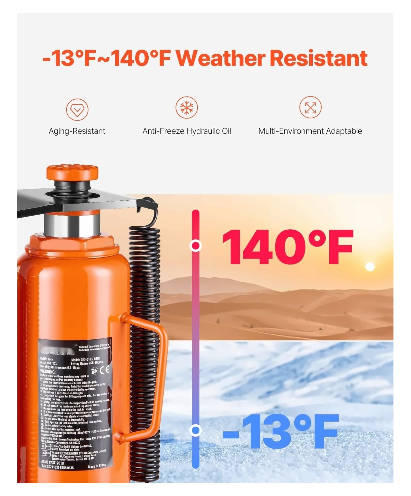 12 Ton Air Hydraulic Bottle Jack - Manual Hand Pump for Car Repair, SUV, Truck - Pneumatic Lift with Aluminum Pump - 6.69-12.6in Lifting Range