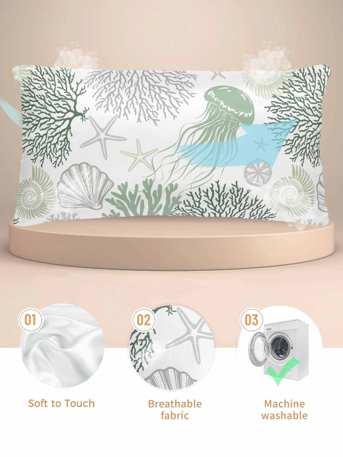 Sage Green Coastal Pillow Cases Cal King Size, Smooth Satin Pillowcase for Hair and Skin, Coral Jellyfish Nautical Decorative Cooling Bed Pillow Covers with Zipper, 20x40 Inches