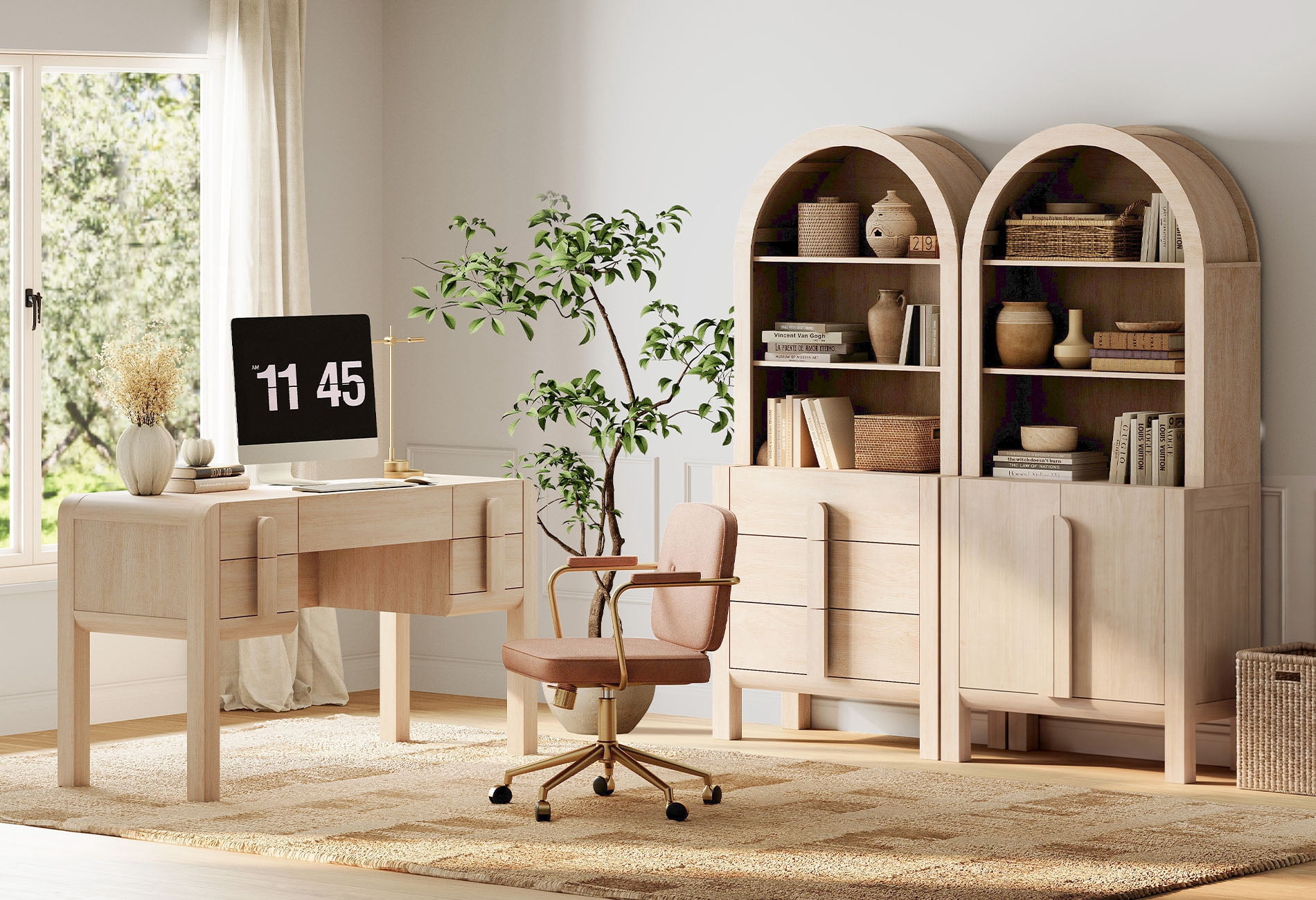 Home Office Set, 53.5" Modern Executive Desk with Charging Station and Drawers & 2 Piece 71"H Tall 3-Tier Arched Bookcases with Open Storage for Living Room, Bedroom, Home Office