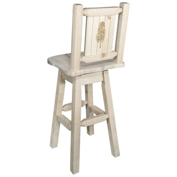 Homestead Collection Counter Height Barstool w/ Back & Swivel w/ Laser Engraved Pine Tree Design, Ready to Finish