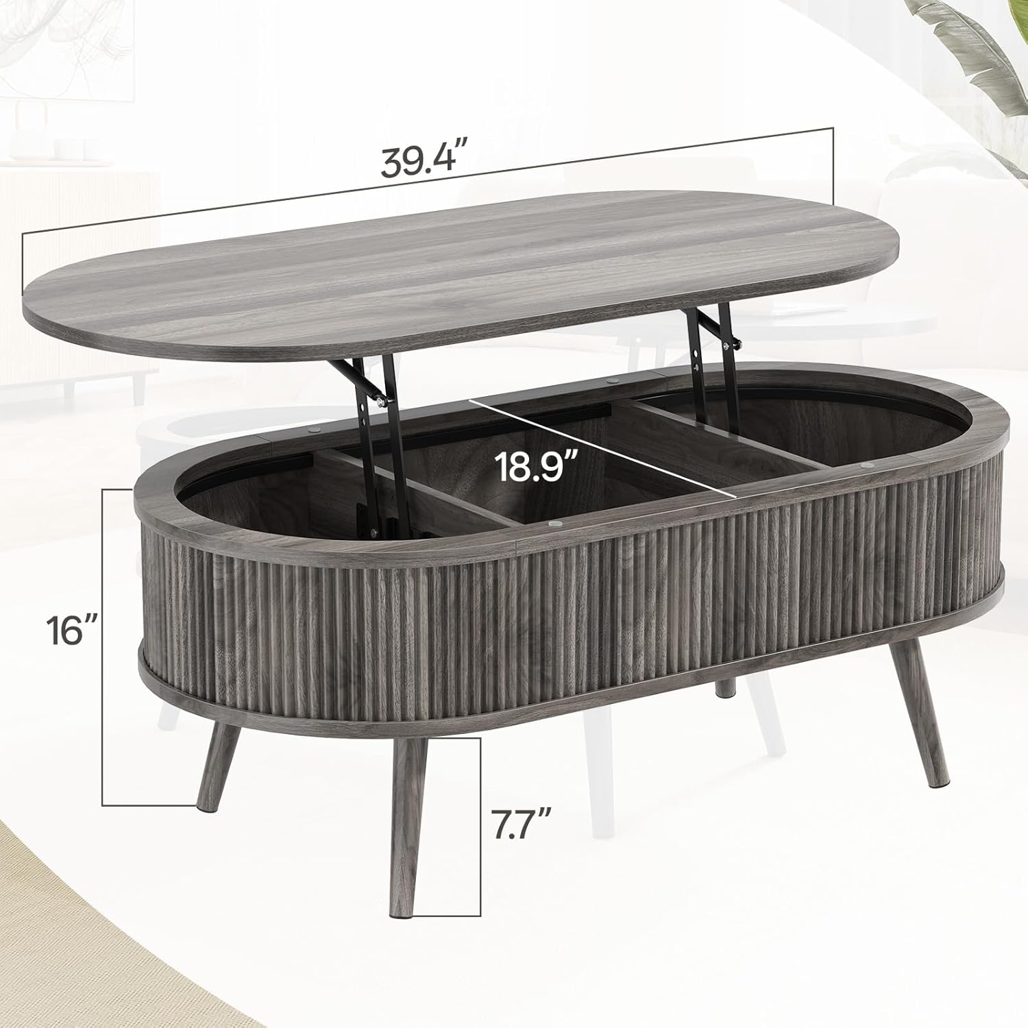 SELOOYE 39.4" Mid Century Oval Coffee Table, Fluted Center Table with Lift Top, Modern Dining Table with Storage for Living Room Home Office, Gray