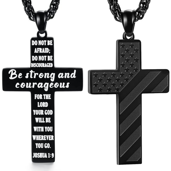 OIDEA Black American Flag Patriotic Cross Necklace Bible Verse Pendant Necklace Chain Jewelry Gifts Stainless Steel - Be Strong