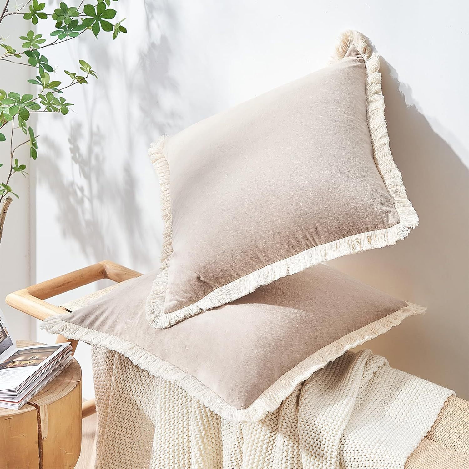 Yumcute Pillow Covers 16x16 Set of 2 Beige Throw Pillow Covers with Fringe Chic Cotton Decorative Pillows Square Cushion Covers for Sofa Couch Bed Boho Decor