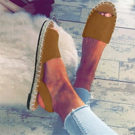 

uikmnh Women Shoes Women Solid Color Suede Retro Flat Casual Fish Mouth Beach Sandals Brown 6.5
