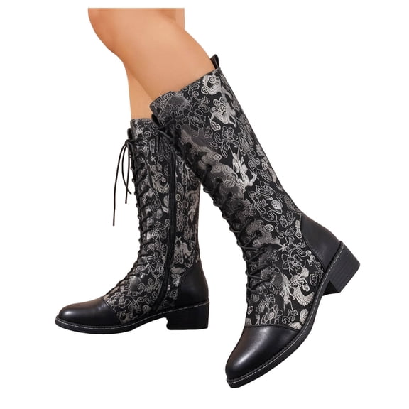 Rokment Vintage Embossed Mid Calf Combat Boots for Women Ethnic Casual Leather Patchwork Chunky Block Low Heels Lace up Knee High Tall Dress Booties