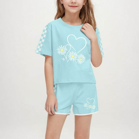 RKSTN Girls Summer Outfits Daisy Print Boys Short Sets Crew Neck Short Sleeve Shirts Girls Two Piece Outfits(Green 13 Years)