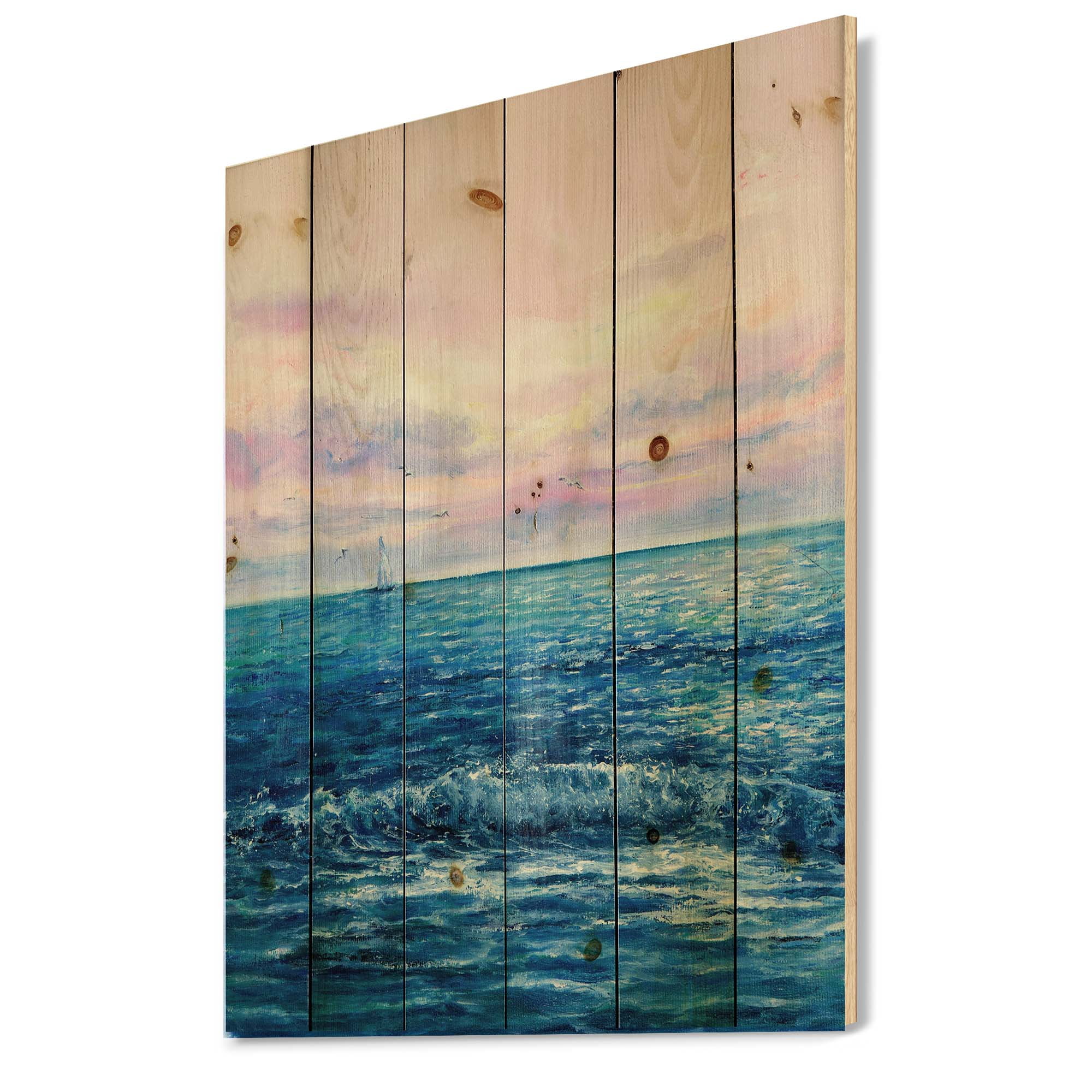 Designart 'Sunrise Glow On The Ocean Waves II' Nautical & Coastal Print on Natural Pine Wood