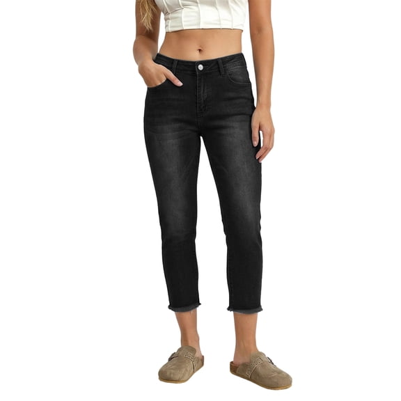 Womens Ankle Jeans Slim Fit Stretch Ankle Jeans Classic Versatile Denim Pants Casual Solid Black L