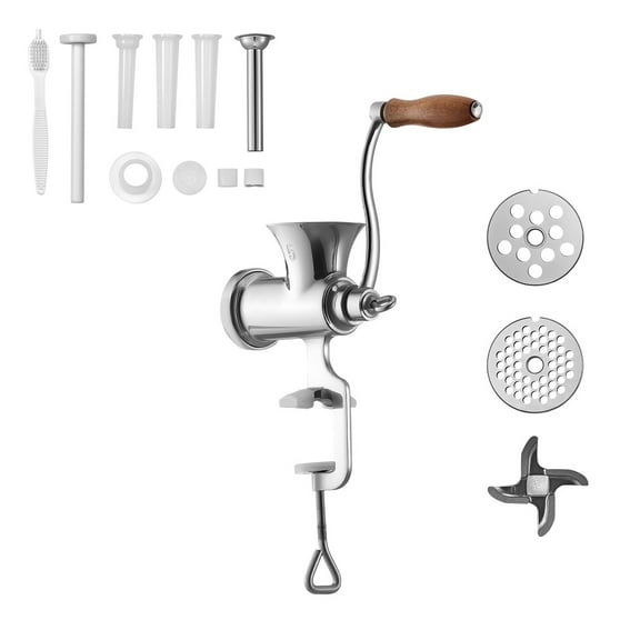 KFFKFF Manual Meat Grinder, 304 Stainless Steel Hand-Crank Mincer with Table Clamp, Sausage Maker with 2 Grinding Plates & 4 Sausage Tubes, Food Processor for Beef, Pork, and Chili Preparation