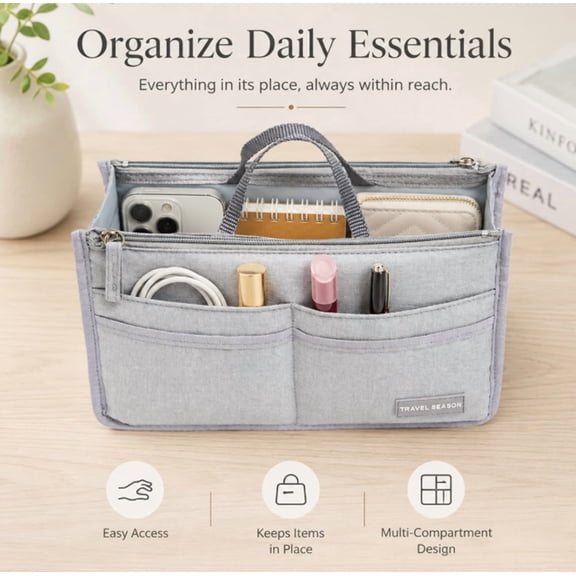 Multi-Pocket Purse Organizer Insert, Handbag & Tote Bag Storage Pouch with Zippered Compartments, Bag-in-Bag Insert for Quick Access, TIKA
