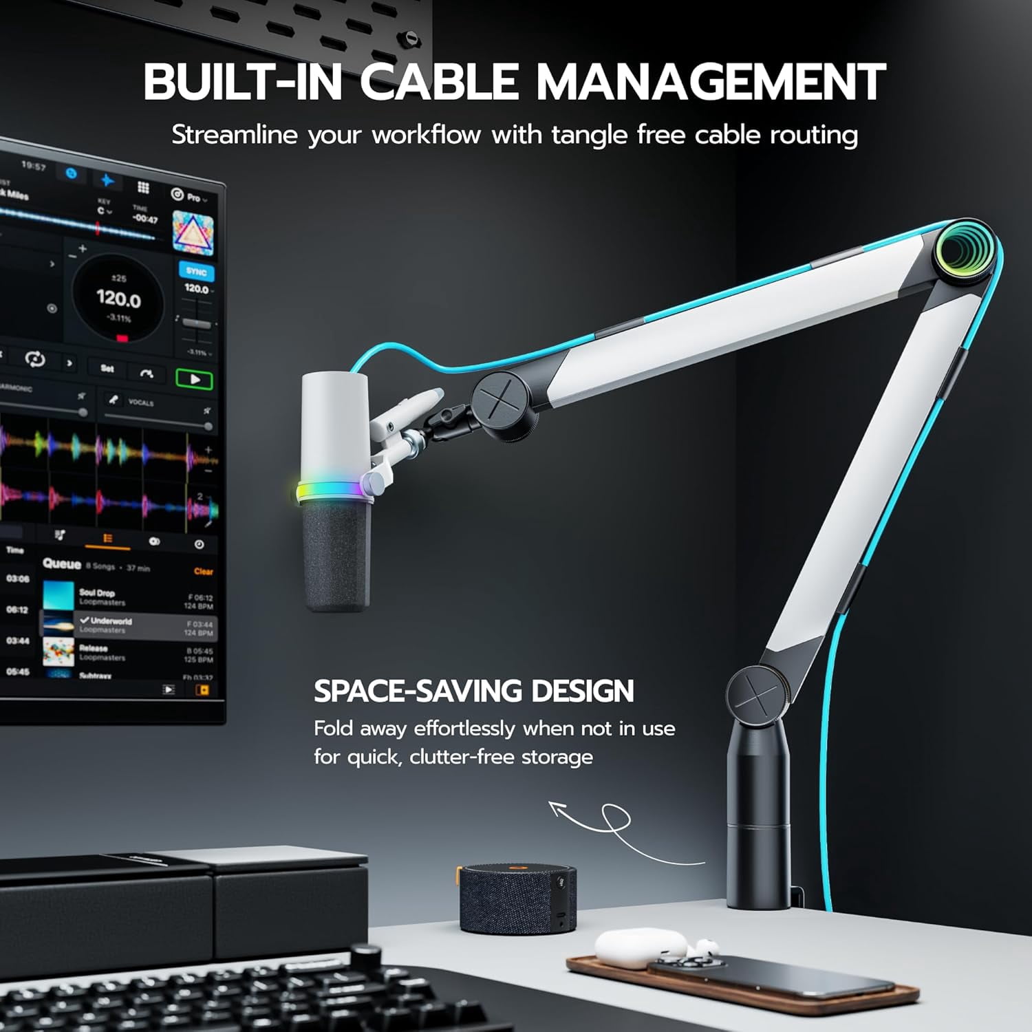 RGB Microphone  Arm with Volume Control, Adjustable Desk Mount for Gaming Streaming Podcasting