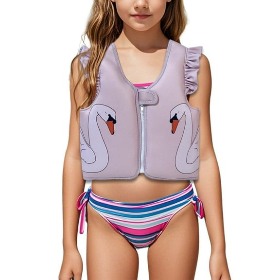 LIIPEE Girls Boys Swimwear Cartoon Printed V Neck Ruffled Sleeveless Zip Up Coast Guard Approved Life Vest Swimsuit Kids Sweet Beach Pool Party Buoyancy Life Vest,Light Purple,One Size