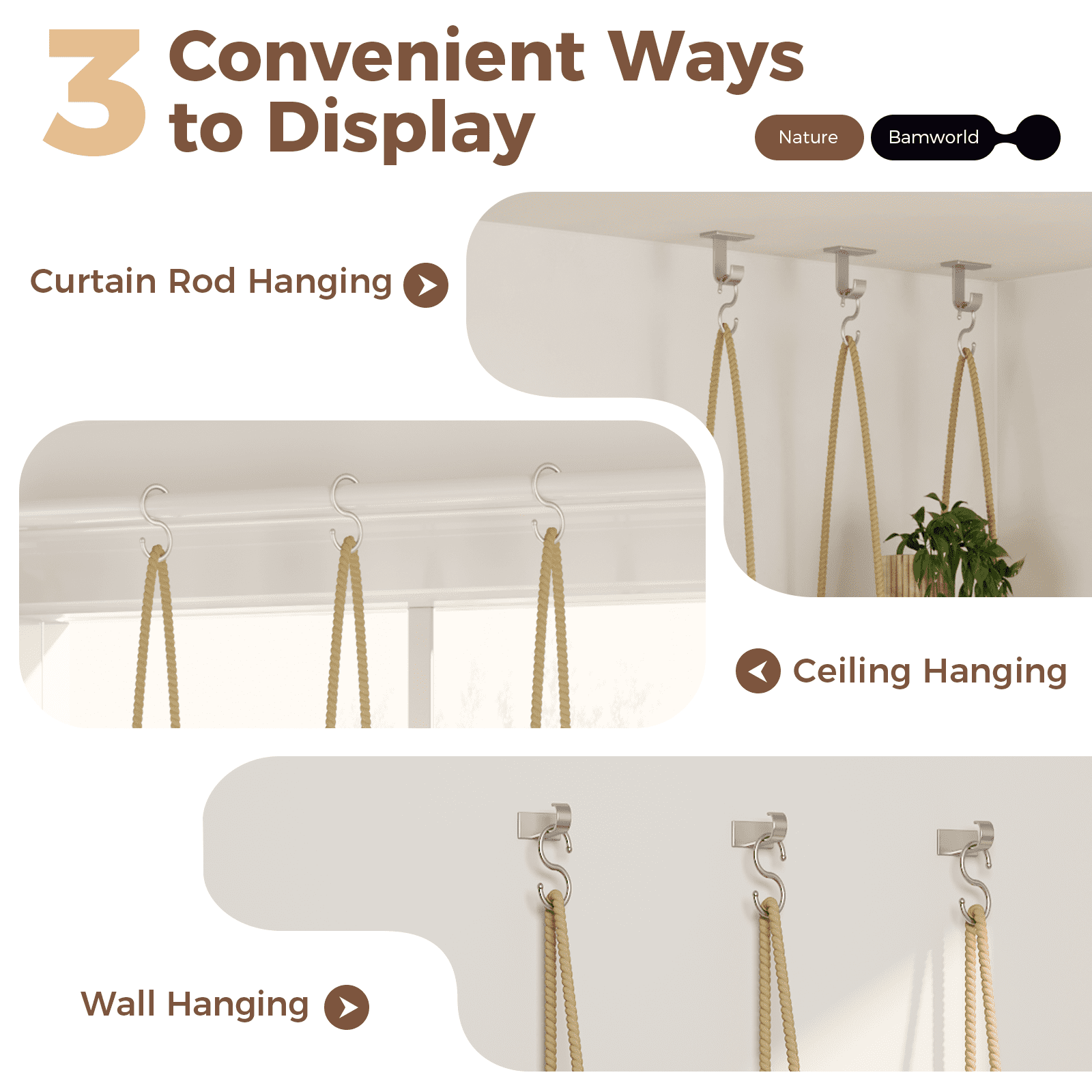 Bamworld Window Plant Shelf with Cotton Ropes for Indoor Plants, Living Room or Garden Decor