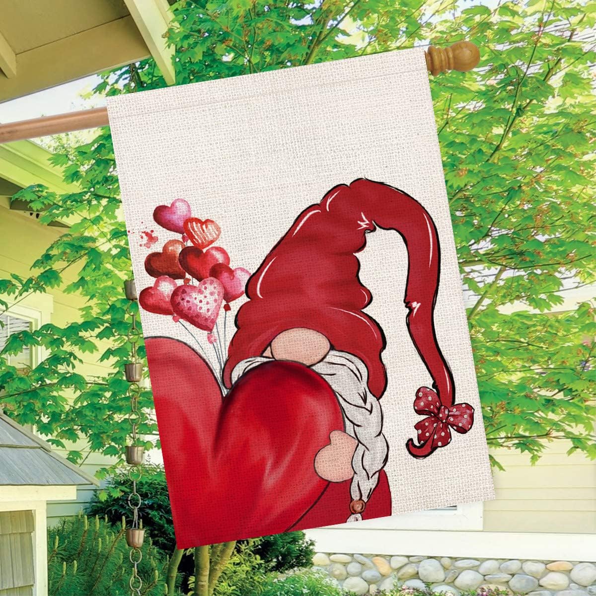 Valentines Day Gnome House Flag Double Sided 28x40 Inch Red Heart Love Balloon Valentine‘s Day Wedding Anniversary Holiday Farmhouse Outdoor Decoration Garden Yard Flags Lawn
