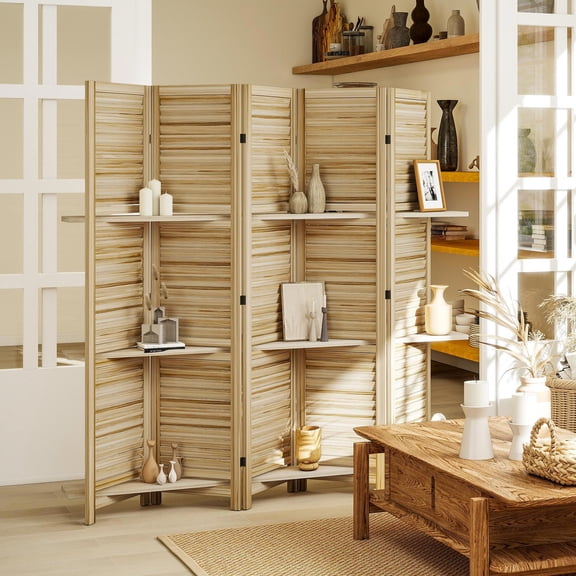 Kadyn Room Divider, Privacy Screens, 5 Panel 67" Tall Wood Privacy Screen Room Divider with 3 Shelves and Folding Storage for Bedroom, Natural