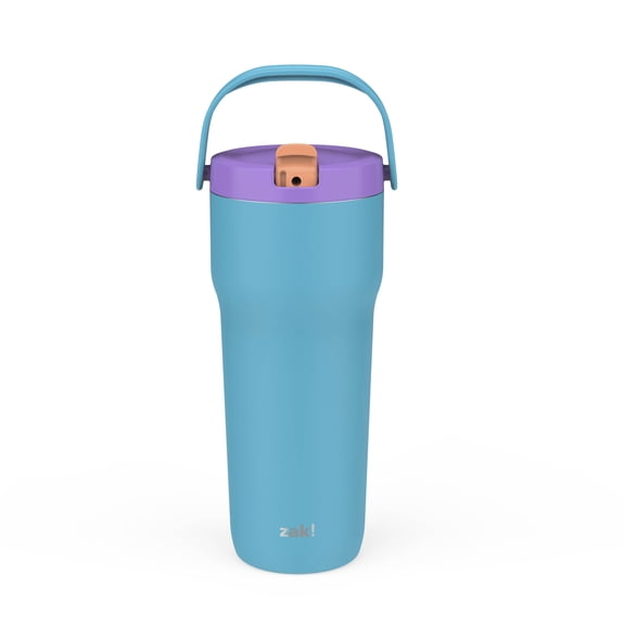 Zak Designs Sutton Travel Tumbler for On the Go, 30oz Stainless Steel with Vacuum Insulation, Straw Spout, Carry Handle for Cold Drinks (Turquoise)
