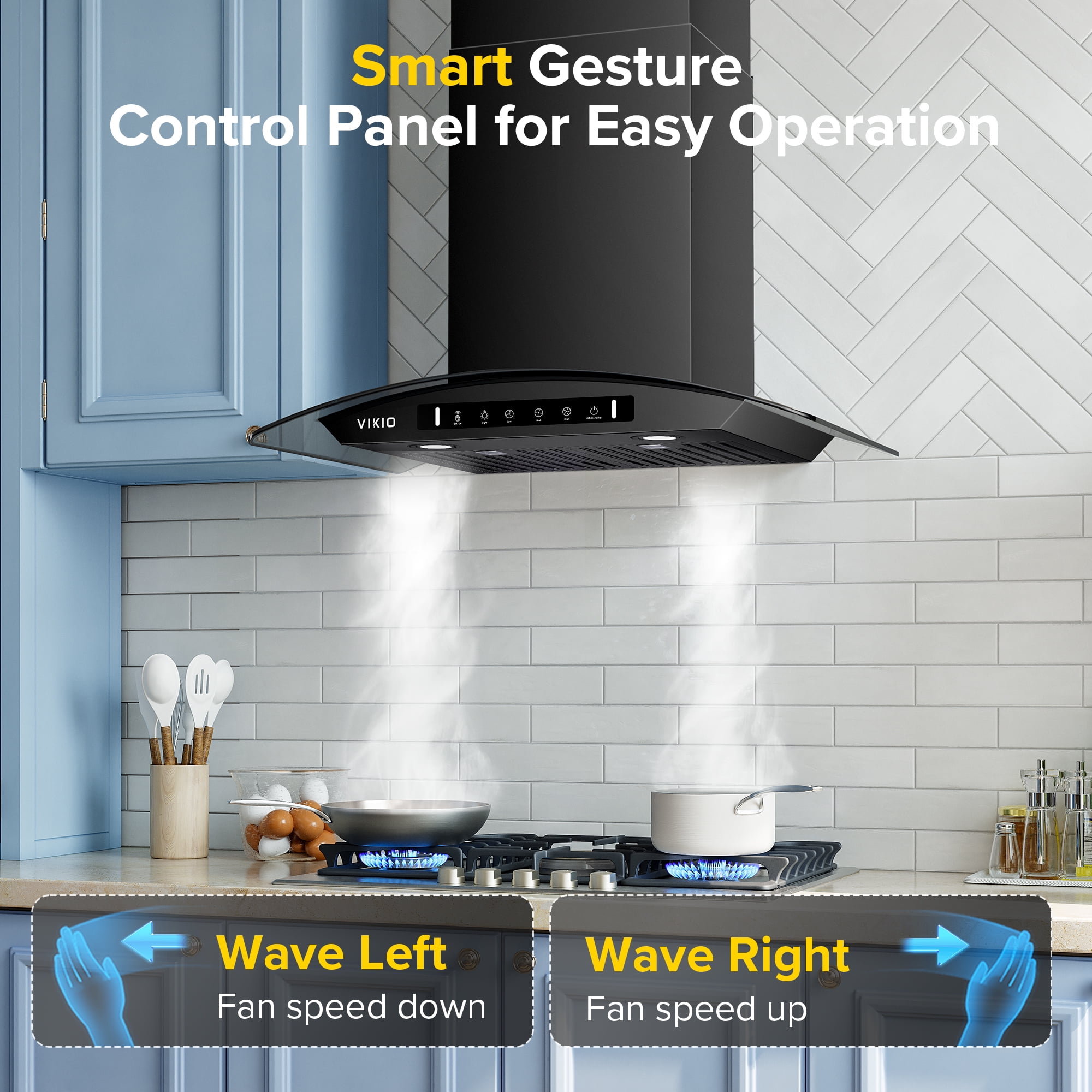 VIKIO 30 inch Wall Mount Range Hood, Stainless Steel and Glass, 800 CFM, 3-Speed, Ducted, Gesture Sensing Control&Touch Pad, Black