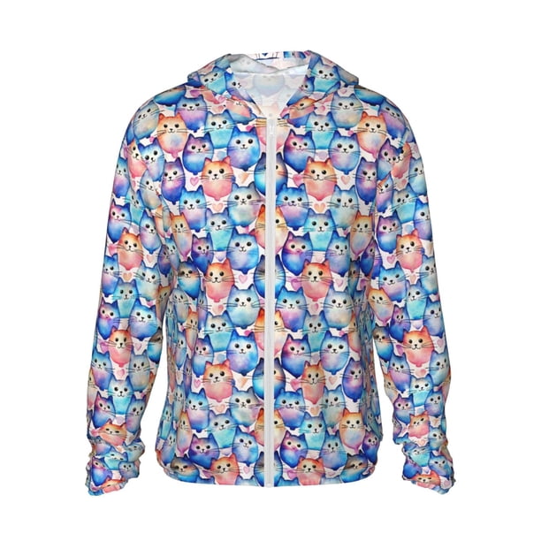 Balery Cartoon colorful cute cat Sudadera ligera de manga larga con capucha y protección solar UPF 50+ para hombre y mujer, ideal para pesca y running-3X-Large