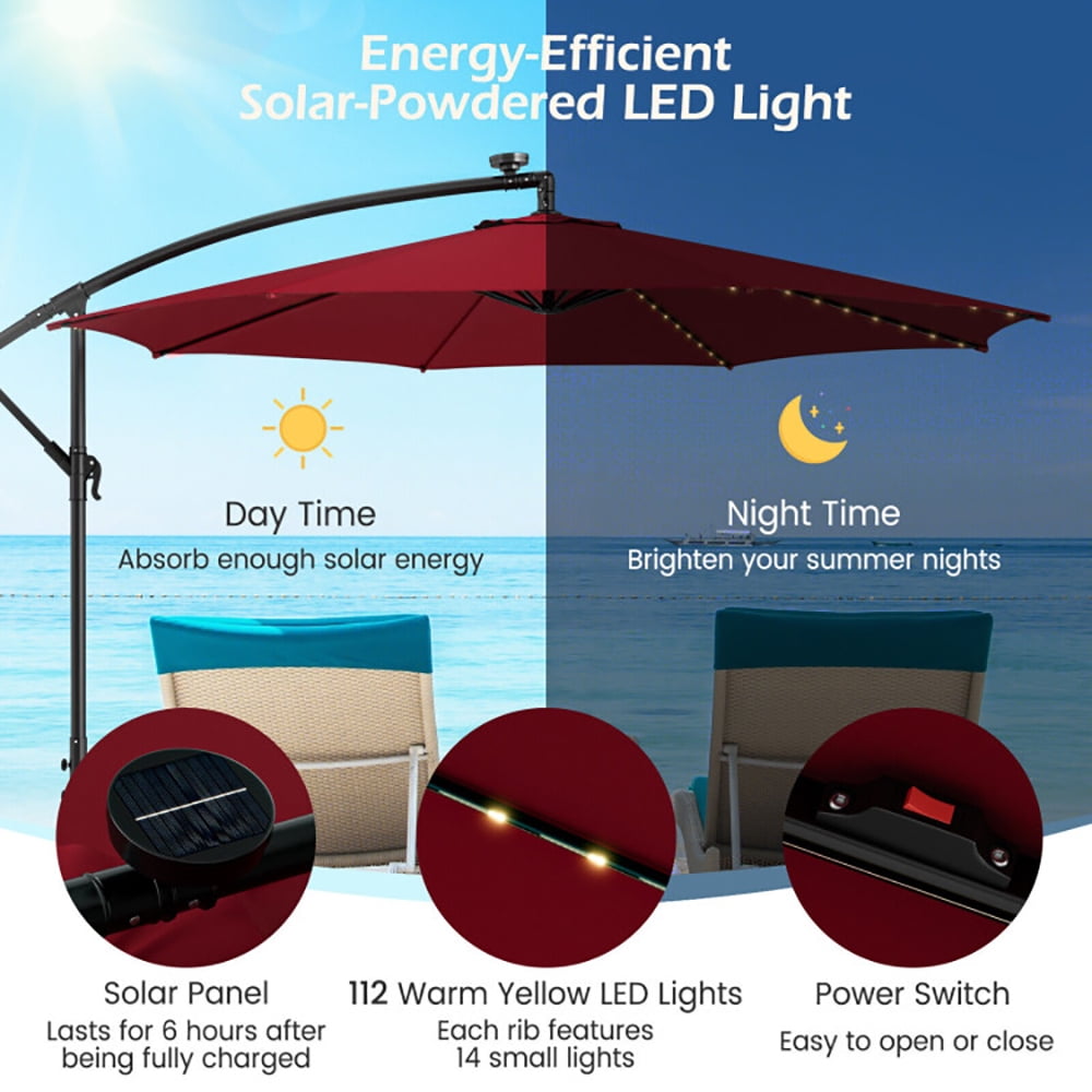 Aimee Lii 10 Feet Patio Offset Umbrella with 112 Solar-Powered LED Lights, Sunbrella Patio Umbrellas, Red Aimee Lii 10 Feet Patio Offset Umbrella with 112 Solar-Powered LED Lights, Sunbrella Patio Umbrellas, Red