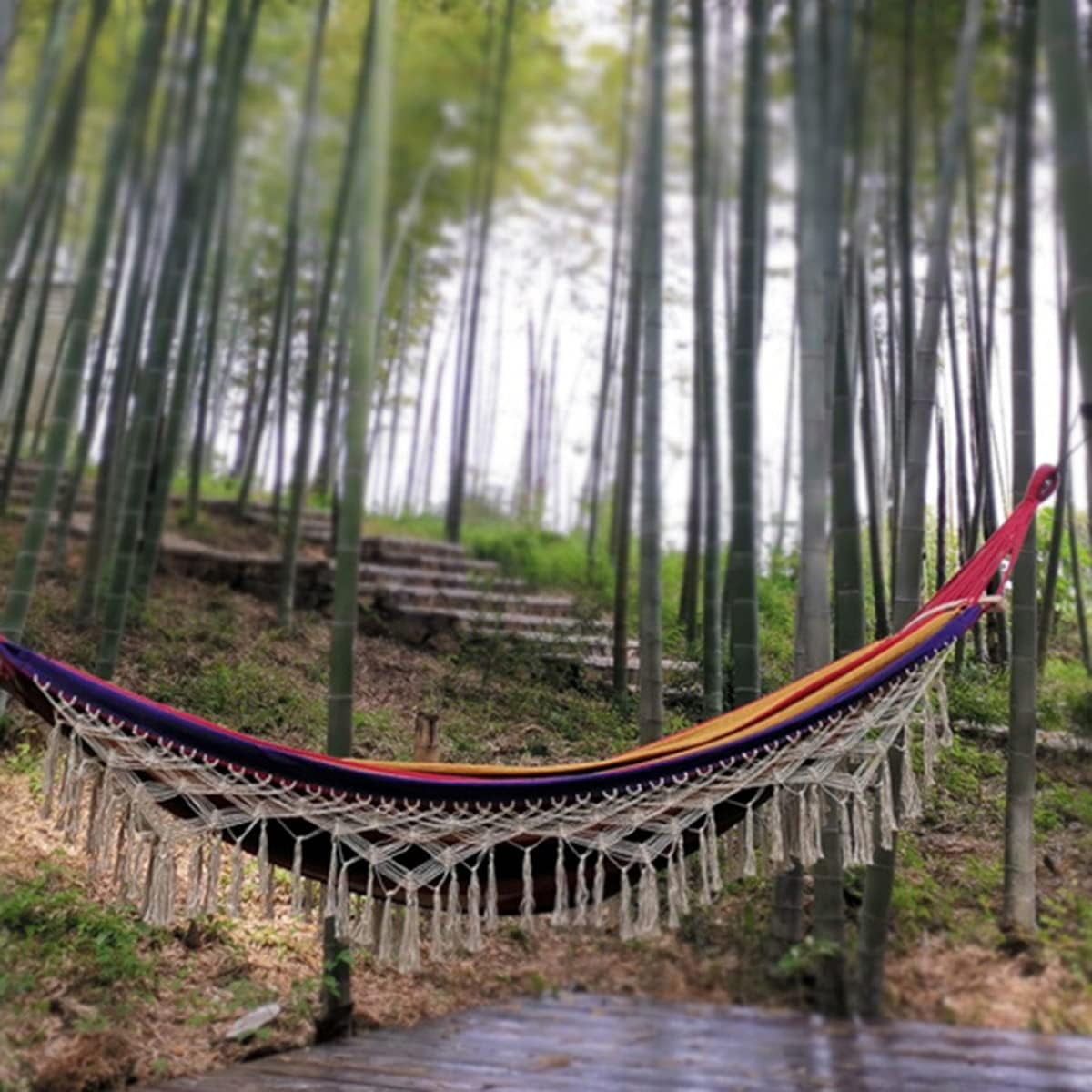DUANJY Cotton Canvas Hammock, Double Boho Hammocks with Decorative Fringe , Portable Camping Indoor Outdoor Garden Hammock Swing with Travel Bag, 440lb Load Capacity