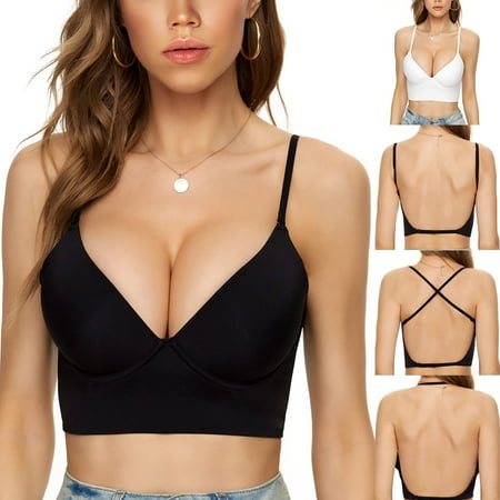 Low Back Bras For Women Sexy Push Up Comfort Deep V Neck Backless Bra Low Cut Multiway Convertible Bra Wire Lifting Bralette  Black  L(Buy 2 Get 1 Free)