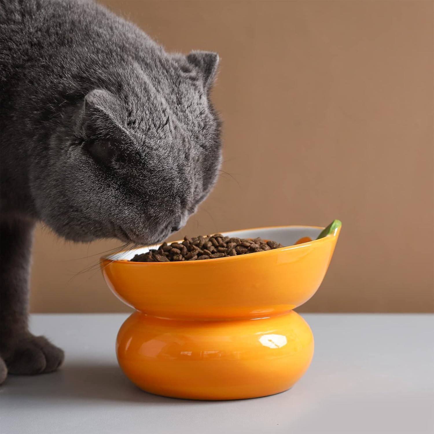 Ceramic Raised Cat Bowl - Pink Elevated Food Bowl for Indoor Cats, Anti-Vomiting & Spine Protection, Cute Tilted Dish for Flat-Faced Cats and Kittens