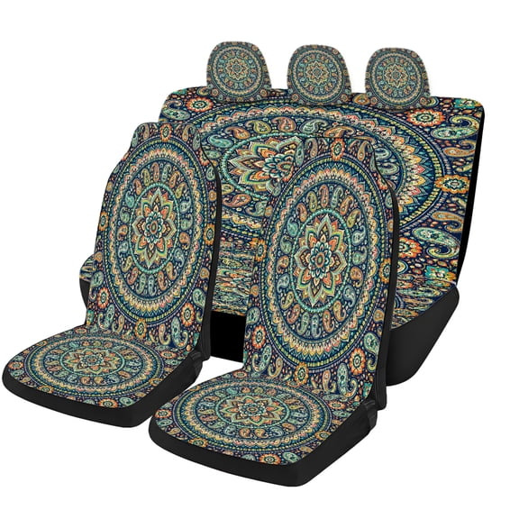 Verolix Boho Mandala Paisley Car Seat Covers Full Set, Mesh Fabric Universal Fit Automotive Seat Covers for Cars SUVs Trucks Vans Sedans Pickups, Navy Blue Floral Vehicle Interior Accessories