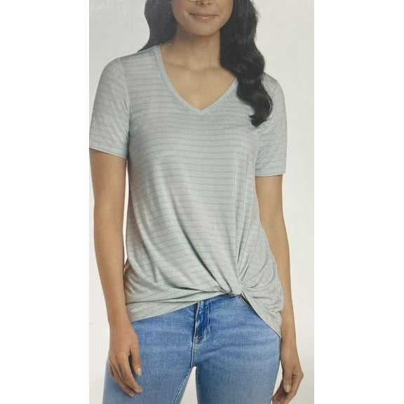 Matty M Ladies' Twisted Front V-Neck Stretch Knit Twist Knot Top, Light Teal M