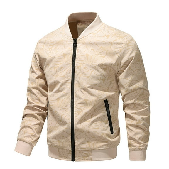 WREESH Fashion Winter Jacket Men'S Casual Printing Zipper Pockets Long Sleeve Hoodless Casual Outwear Beige