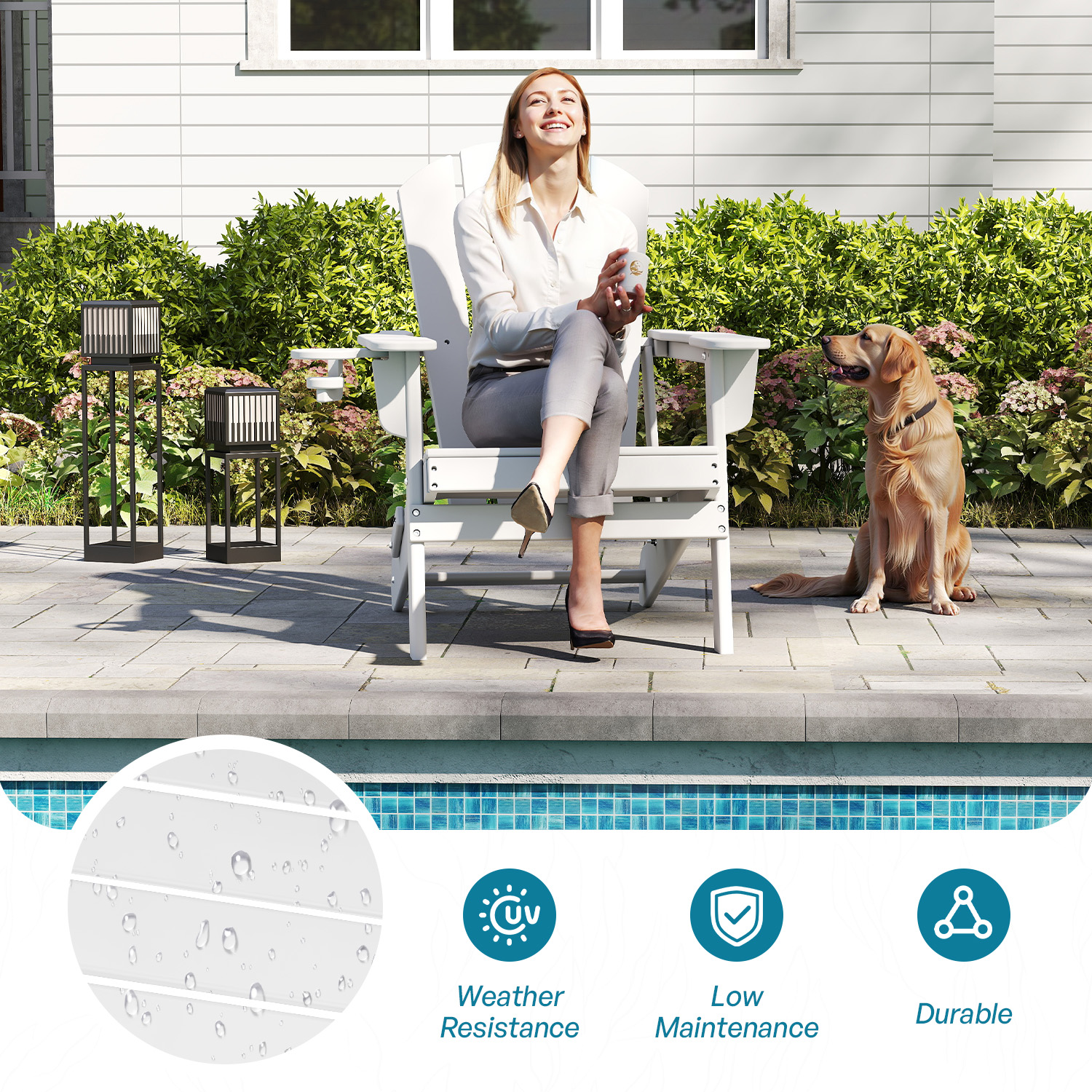FURRYFECTION Folding Adirondack Chair with Cup Holder,All-Weather HDPE Outdoor Fir Pit Chairs for Patio Garden Backyard,White