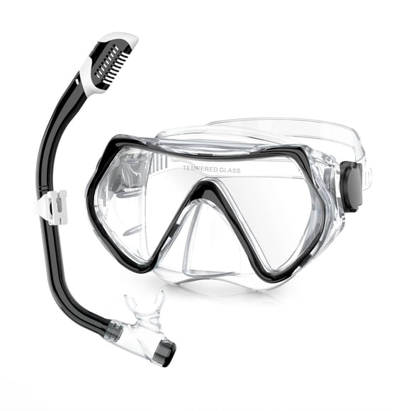 Conjunto de Snorkel para Niños MELUMILU, Conjunto de Snorkel Seco con Máscara de Buceo Antivaho y Visión Panorámica de 180°, para Niños y Jóvenes de 5 a 15 Años, Color Negro Transparente