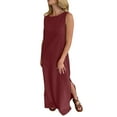 thumbnail image 2 of Womens Maxi Vacation Dress Casual Sleeveless Crewneck Side Slit Sundress Loose Summer Flowy Beach Maxi Dresses Linen Dress Wine M, 2 of 9