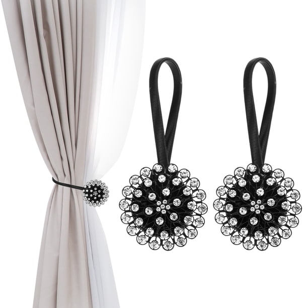 Lazos Magnéticos para Cortinas, 2 Paquetes de Sujetadores de Cortina de Cristal Brillante en Forma de Flor para Hogar Oficina Cafetería Balcón, Negro