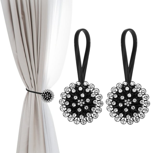 Lazos Magnéticos para Cortinas, 2 Paquetes de Sujetadores de Cortina de Cristal Brillante en Forma de Flor para Hogar Oficina Cafetería Balcón, Negro