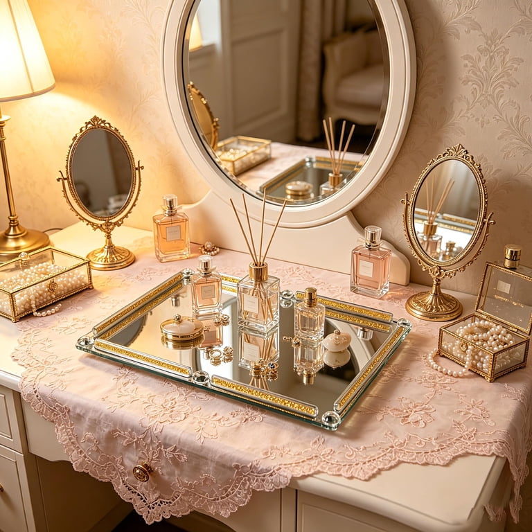 Large Mirror Perfume Tray for Dresser,Crushed Diamond Filled Glass Vanity Tray,Gold Decorative Bathroom Tray,Crystal Tray for Home 