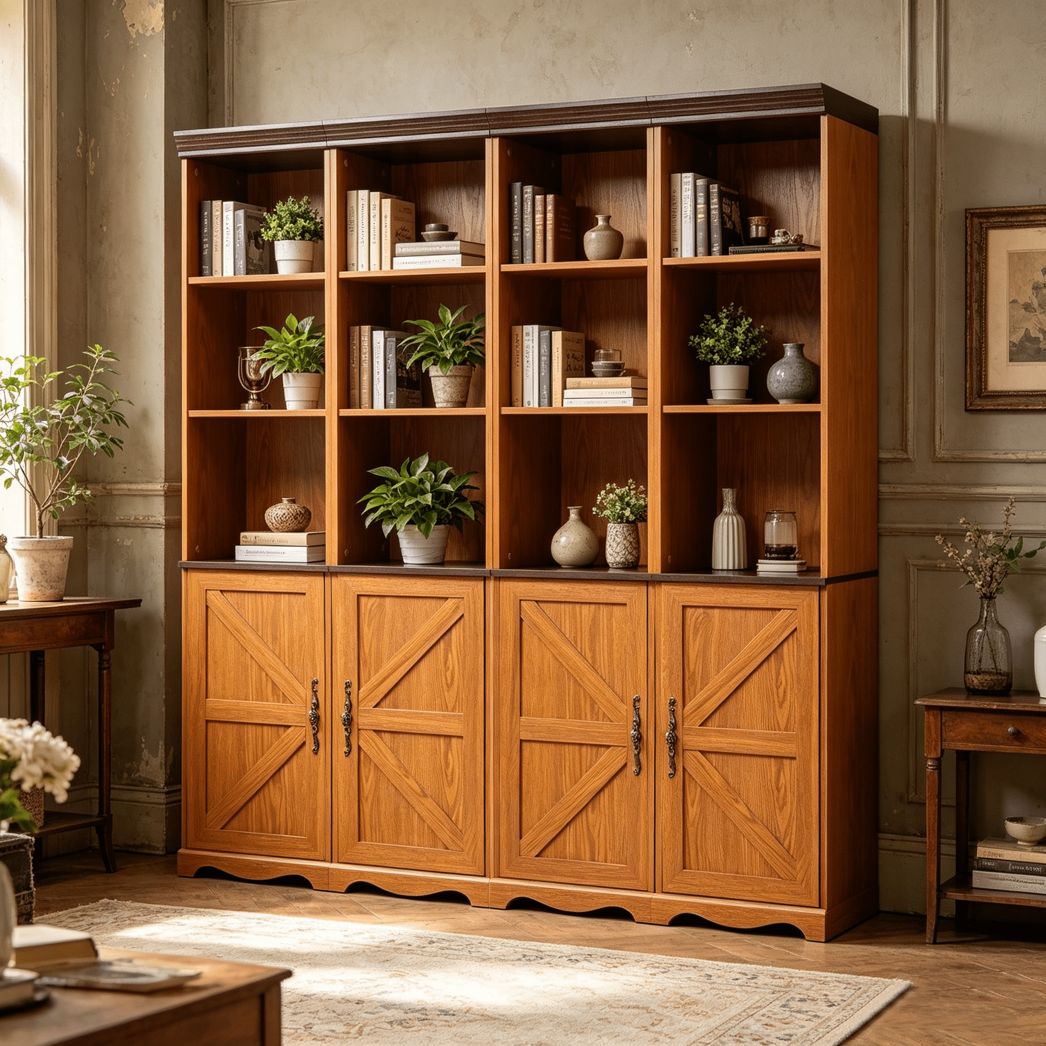 71" 4 Pcs Combined Storage Bookshelf Cabinet, 3 Tier Bookcase with Adjustable Shelf and Closed Cabinets