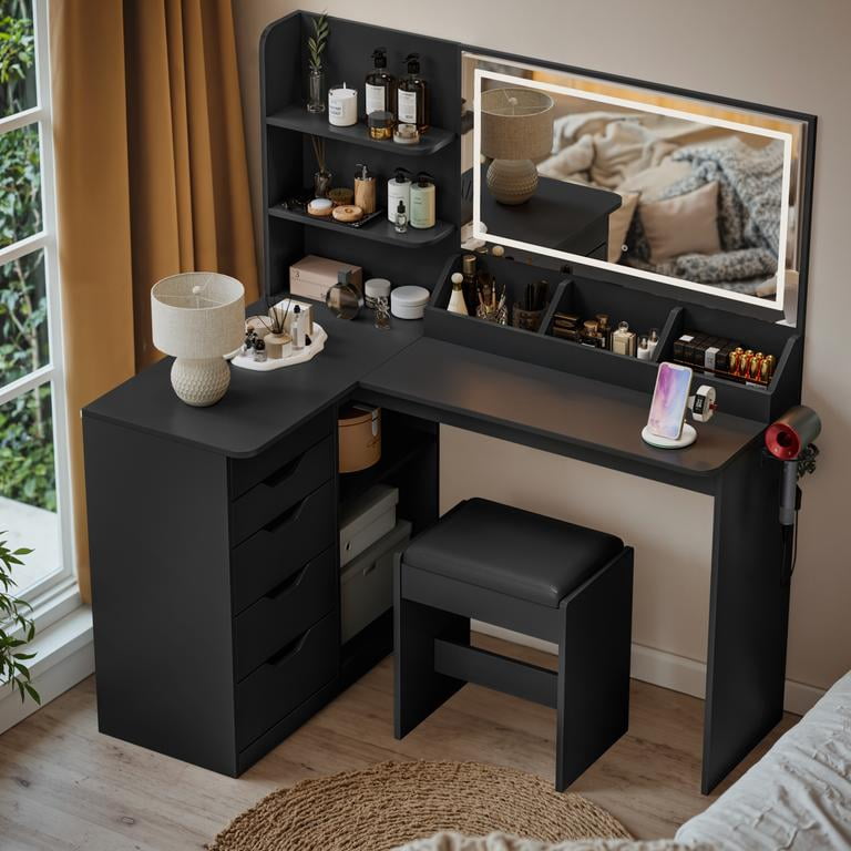 Lacoo L-Shaped Corner Vanity Desk with LED Mirror & Stool, 5-Drawer Makeup Vanity Table with Charging Station & Hair Dryer Rack, Space-Saving Corner Vanity Set for Bedroom, Black