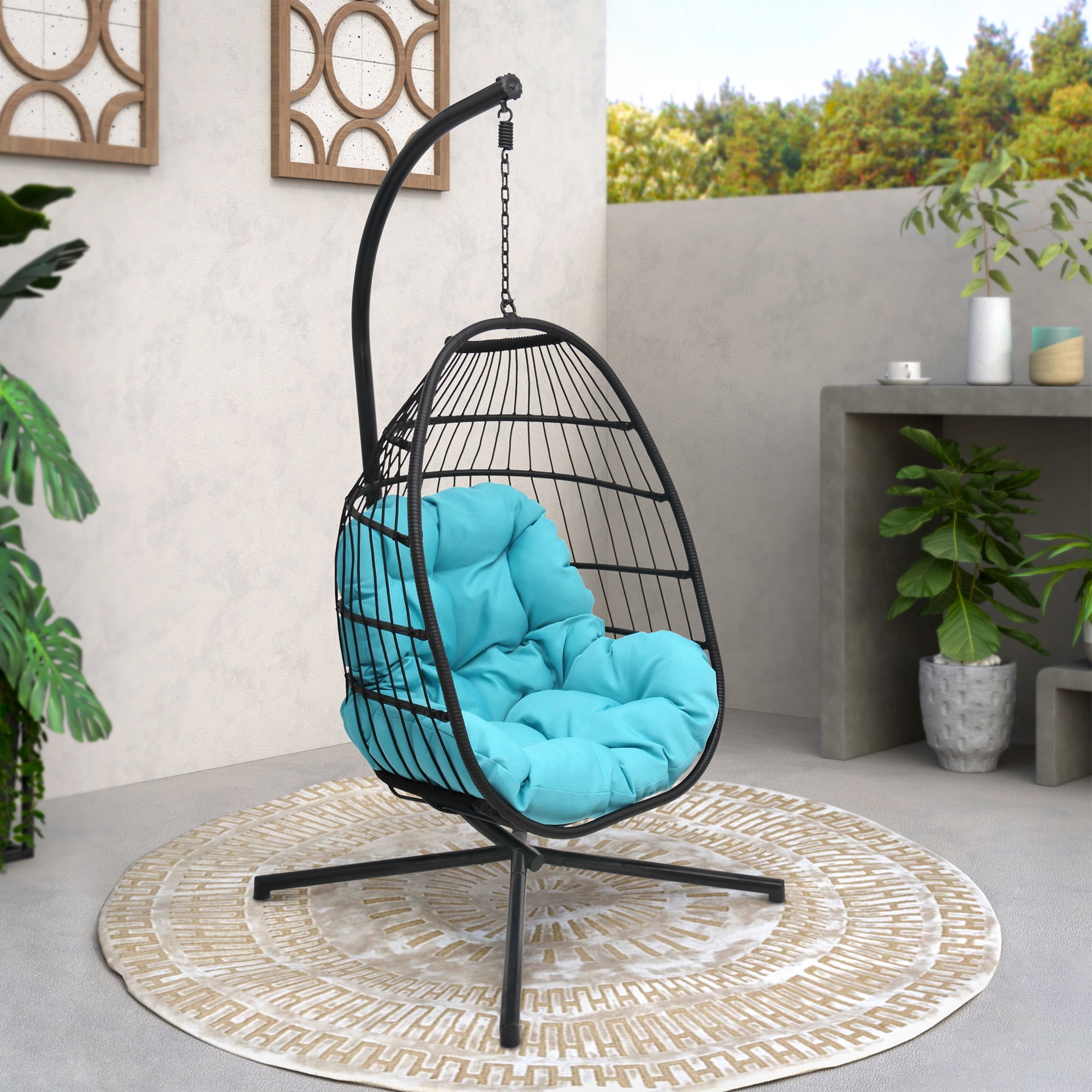 Better Homes Gardens Outdoor Lantis Patio Hanging Egg Chair with Stand Tan Wicker Beige Cushion Walmart