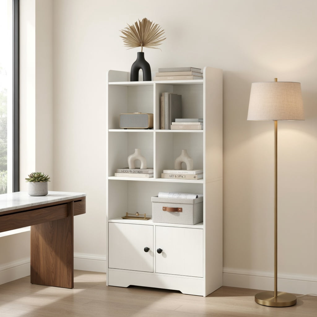 Spaco 4 Tiers Bookshelf with 4 Cubes Display Shelf and 2 Doors-White, Tall Bookshelf, Shelves for Living Room, Home Office, Bedroom, Balcony