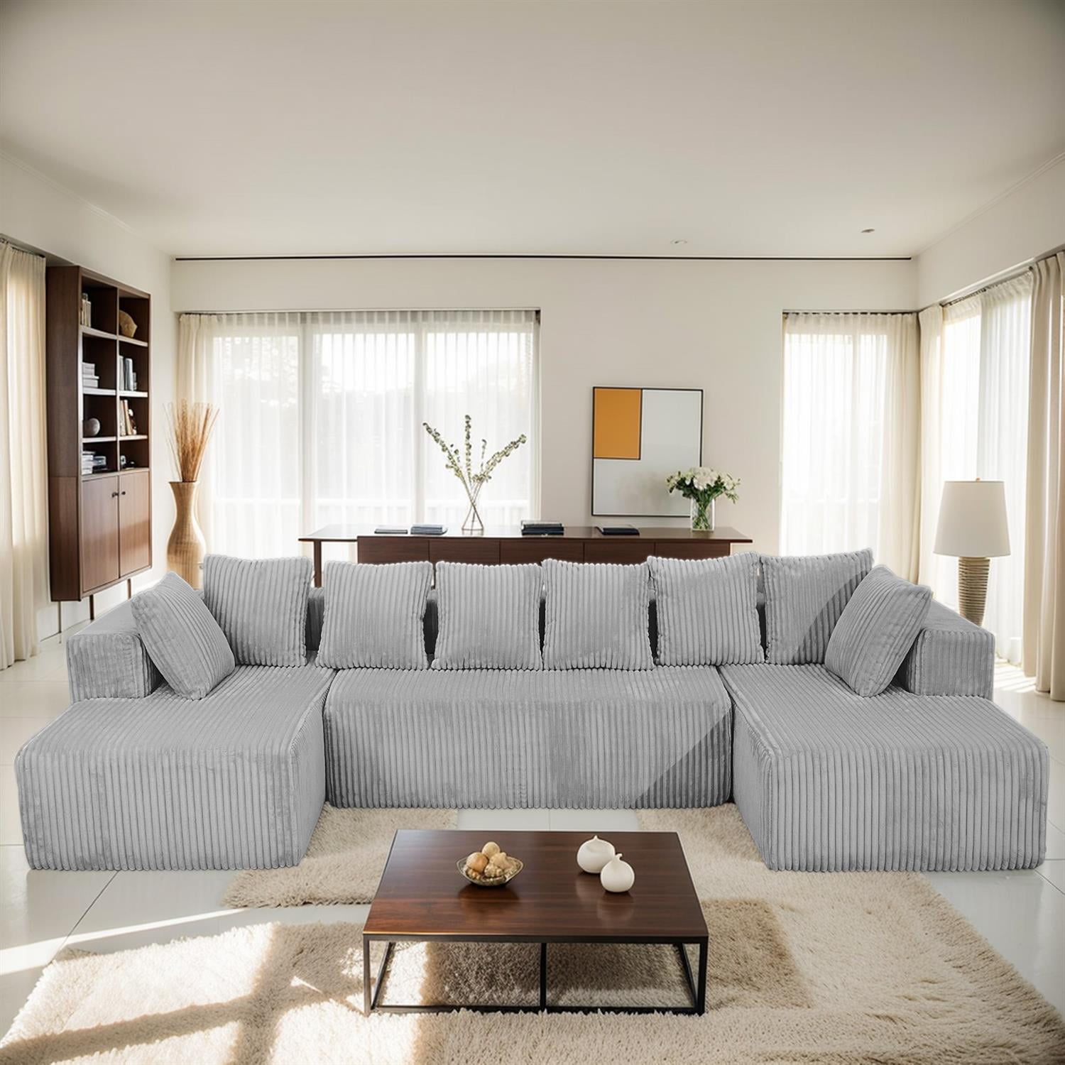 Demi Bonn 130" Modular U-Shaped Sectional Sofa, 4-Seater Chaise Lounge Couch with Reversible Corduroy Fabric for Living Room, Bedroom, Gray