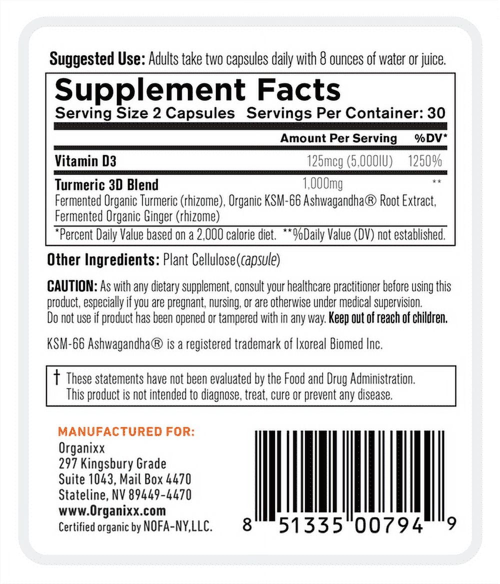 Organixx Turmeric Curcumin, Inflammatory and Immune Support, Helps Maintain Healthy Joints, with Ginger, Ashwagandha, Vitamin D, 60 Vegetarian Capsules