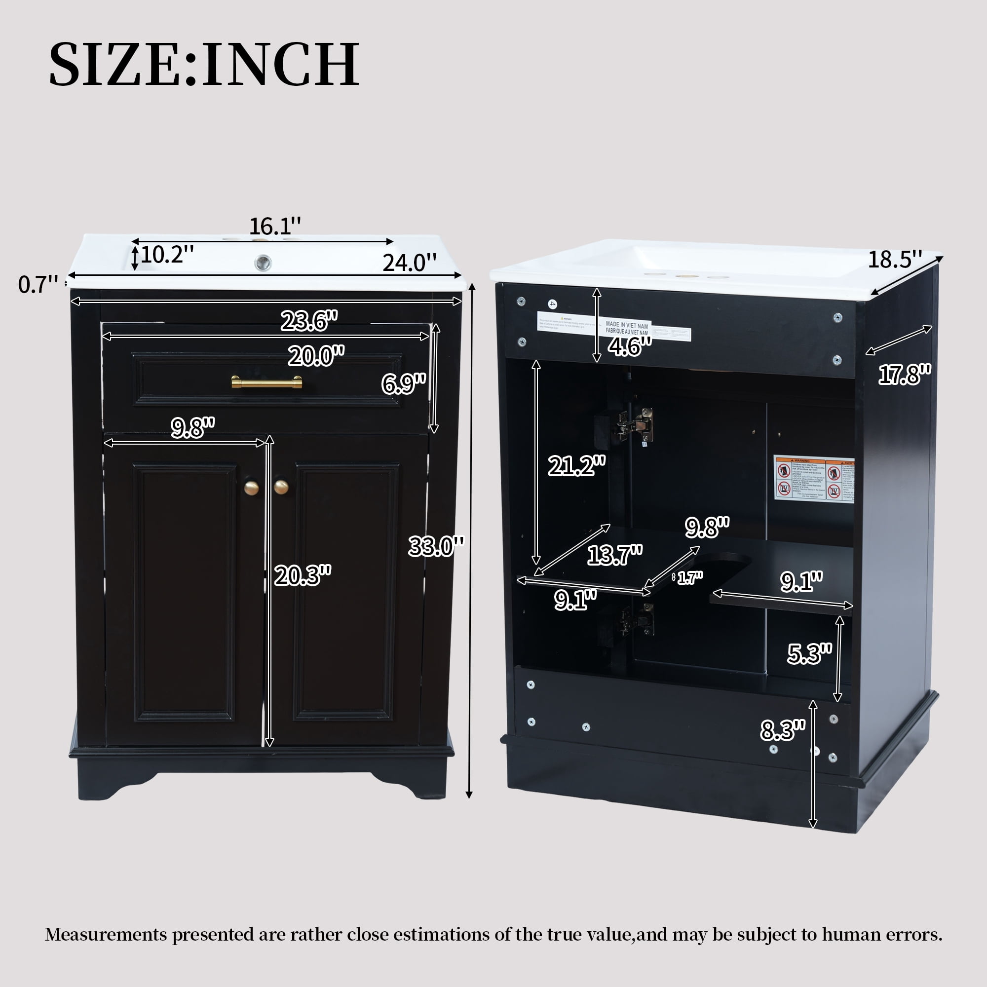 Euroco 24" Bathroom Vanity with Integrated Ceramic Sink, Bathroom Cabinet with 2 Doors, 1 Tip-Out Drawer, Single Sink Bathroom Vanity for Small and Medium Restroom, Black
