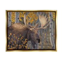 Stupell Industries Moose in Fall Foliage Animals & Insects Painting Gold Floater Framed Canvas Art Print Wall Art, 21 x 17