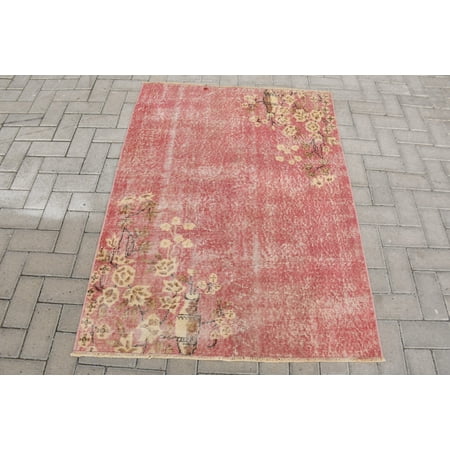 Vintage Rug, Accent Carpet, Turkish Rug, Oushak Rug, 42x57 inches Pink Rug, Wool Bedroom Rug, Organic Area Rug, 10676